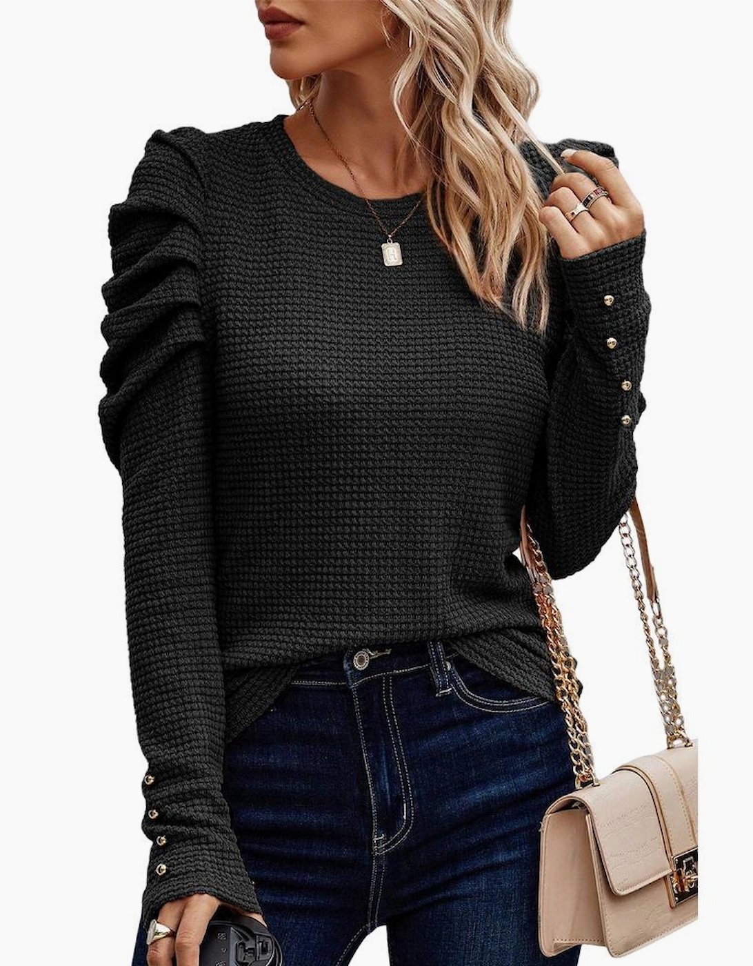 Azura Exchange Black Solid Color Textured Buttoned Gigot Sleeve Top