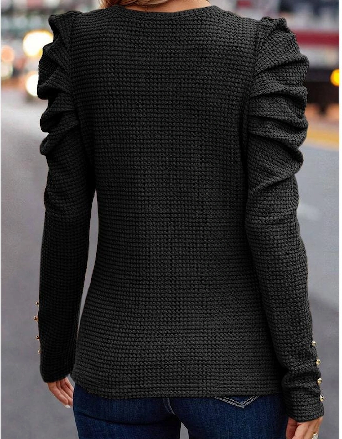 Azura Exchange Black Solid Color Textured Buttoned Gigot Sleeve Top, 5 of 4