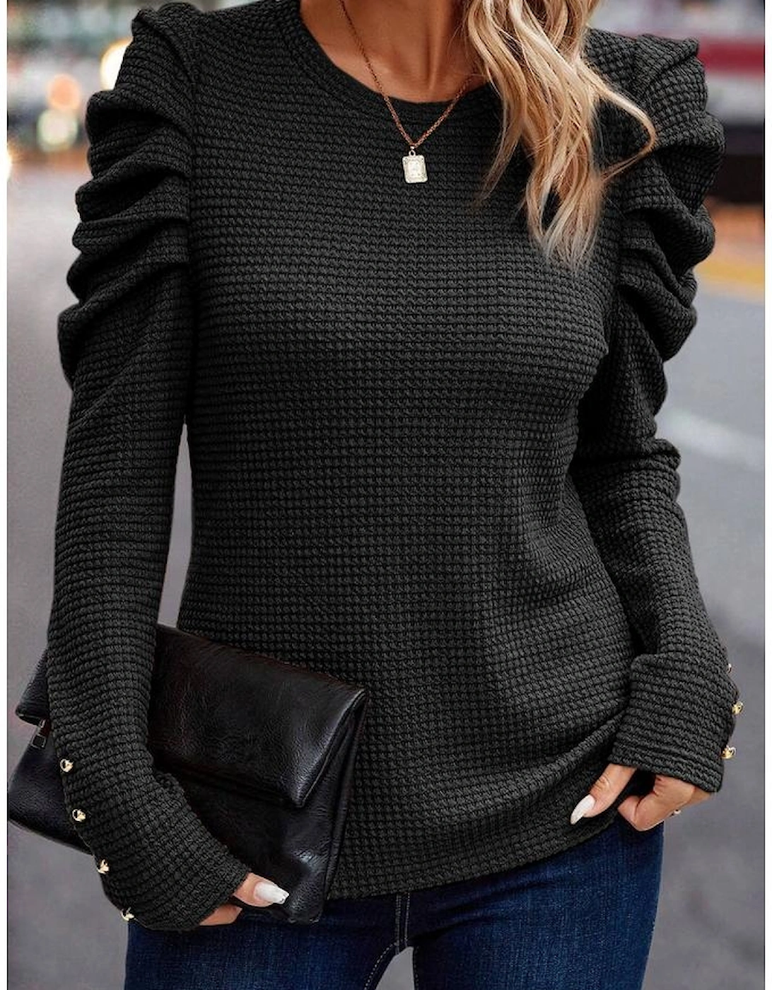 Azura Exchange Black Solid Color Textured Buttoned Gigot Sleeve Top