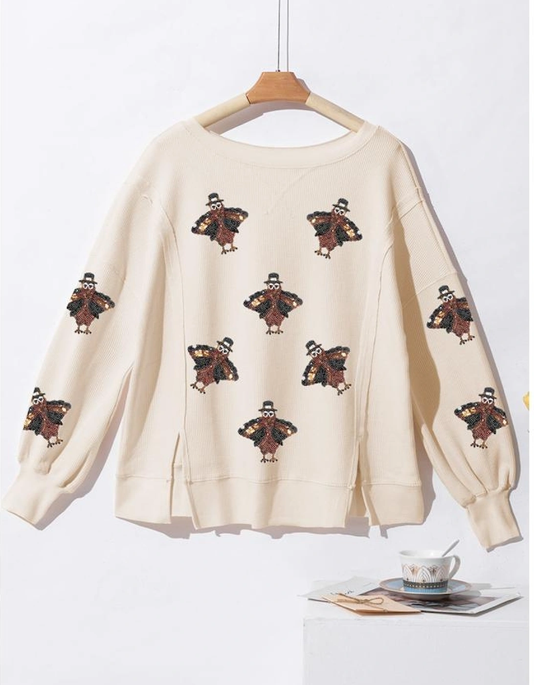 White Thanksgiving Turkey Waffle Oversized Knit Top
