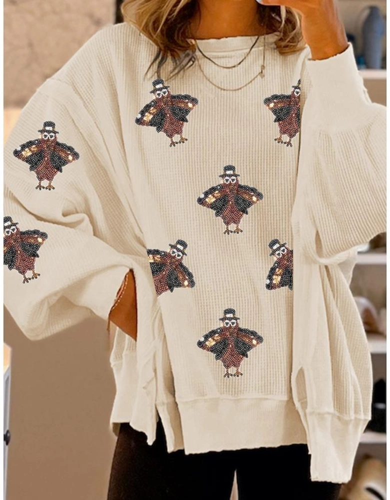 White Thanksgiving Turkey Waffle Oversized Knit Top