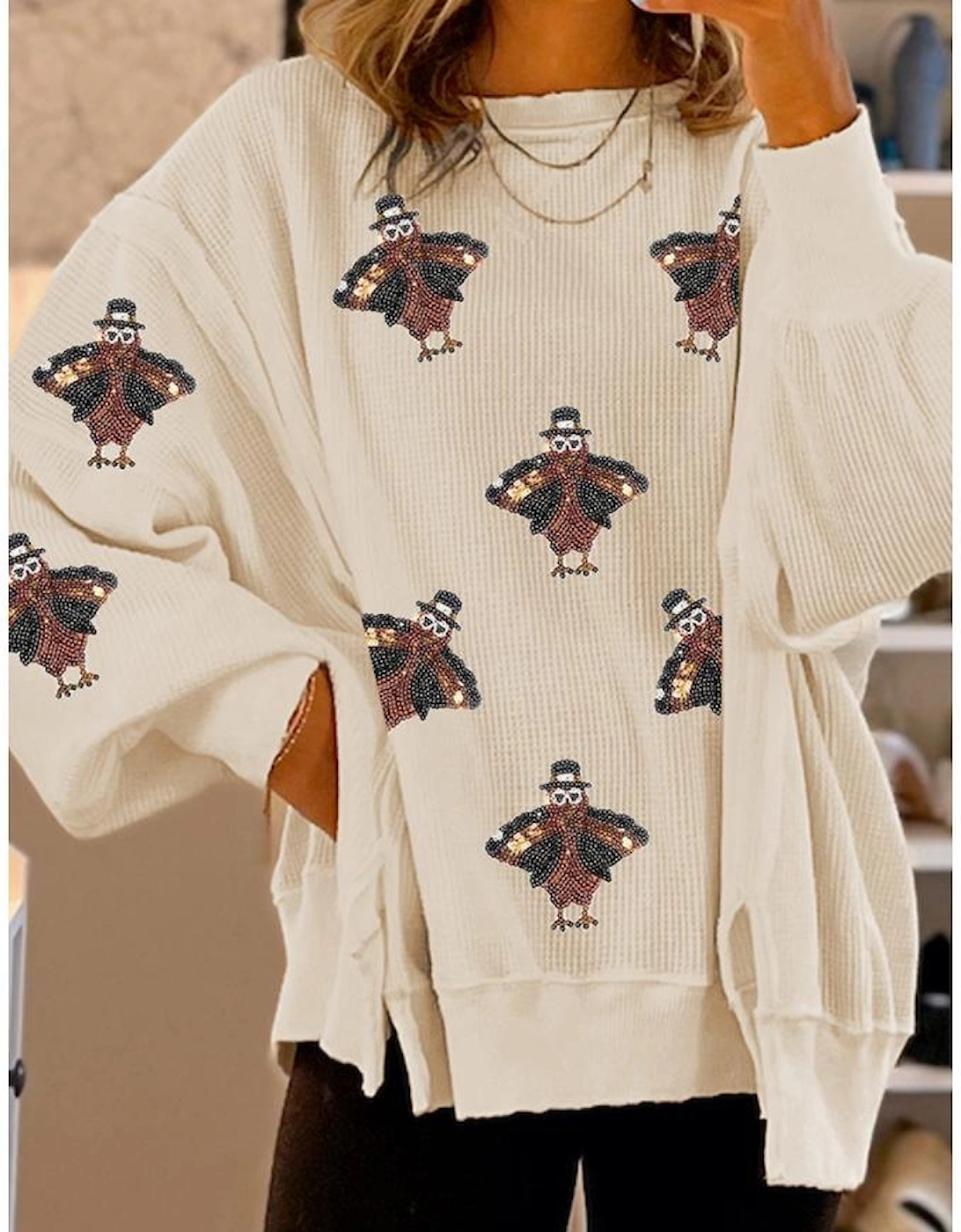 White Thanksgiving Turkey Waffle Oversized Knit Top