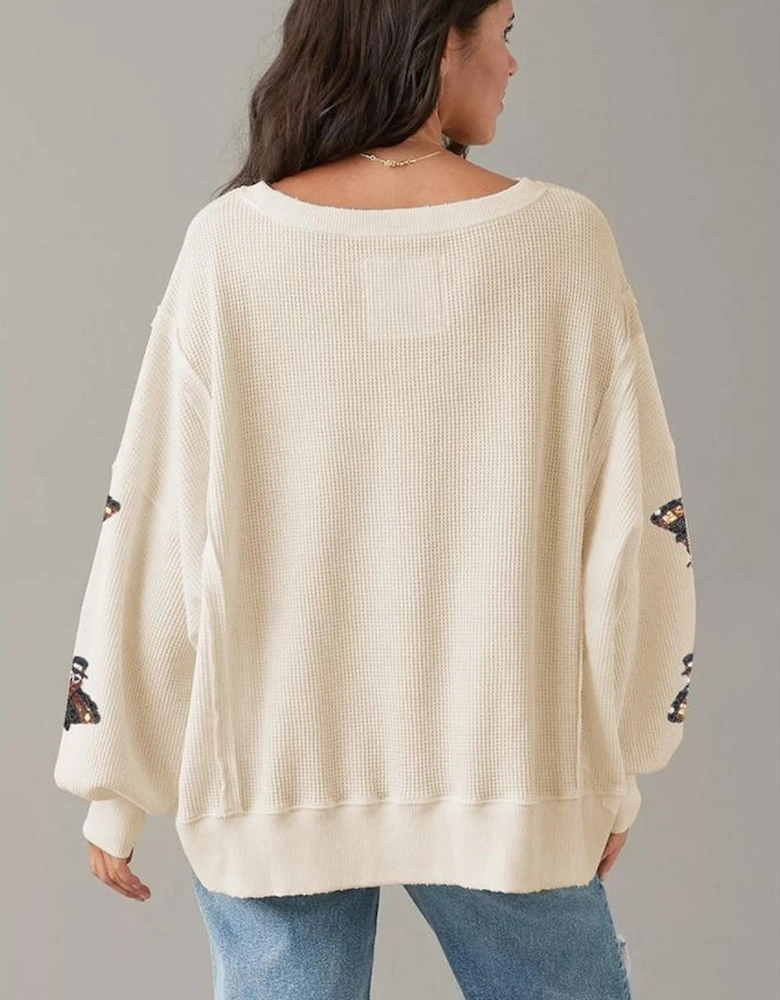 White Thanksgiving Turkey Waffle Oversized Knit Top