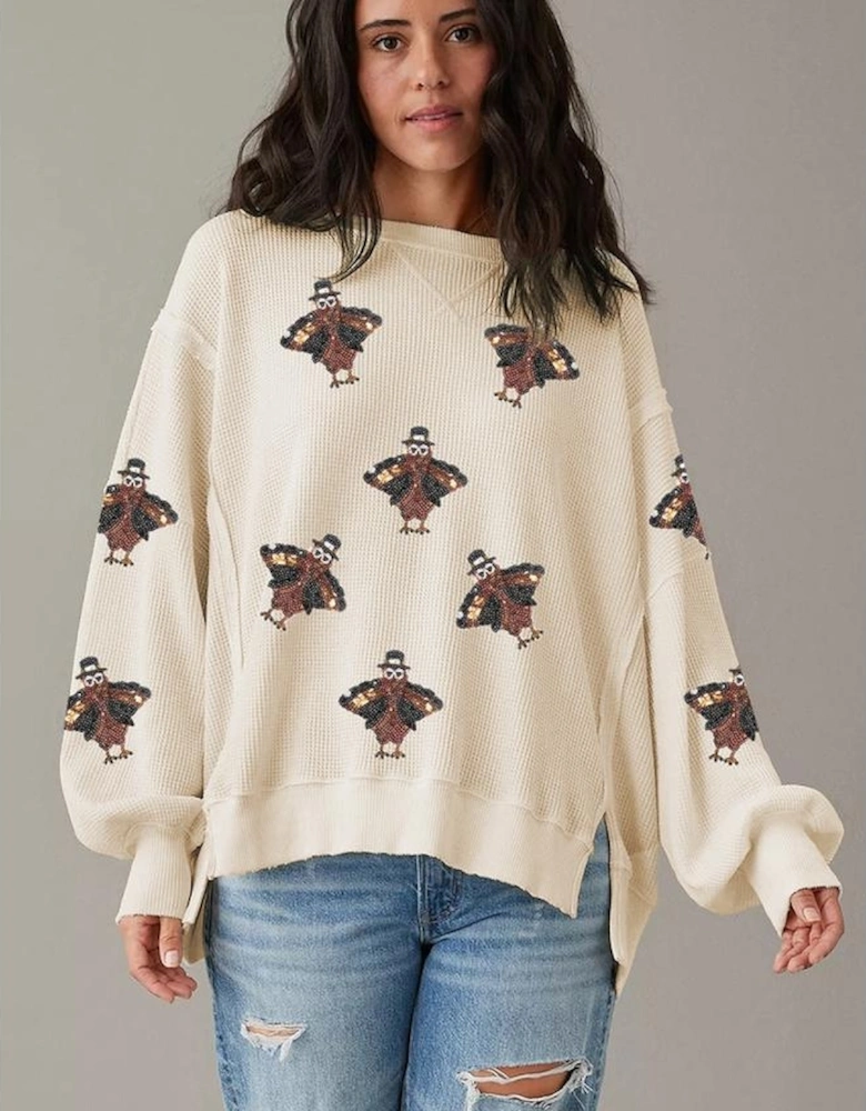 White Thanksgiving Turkey Waffle Oversized Knit Top