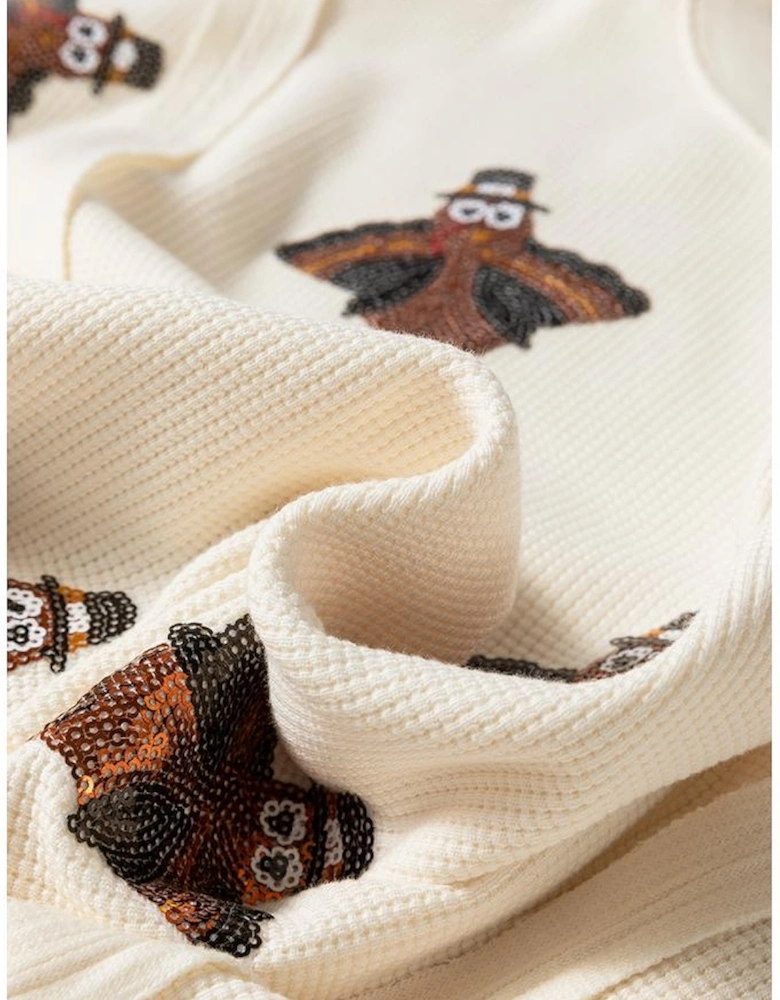 White Thanksgiving Turkey Waffle Oversized Knit Top