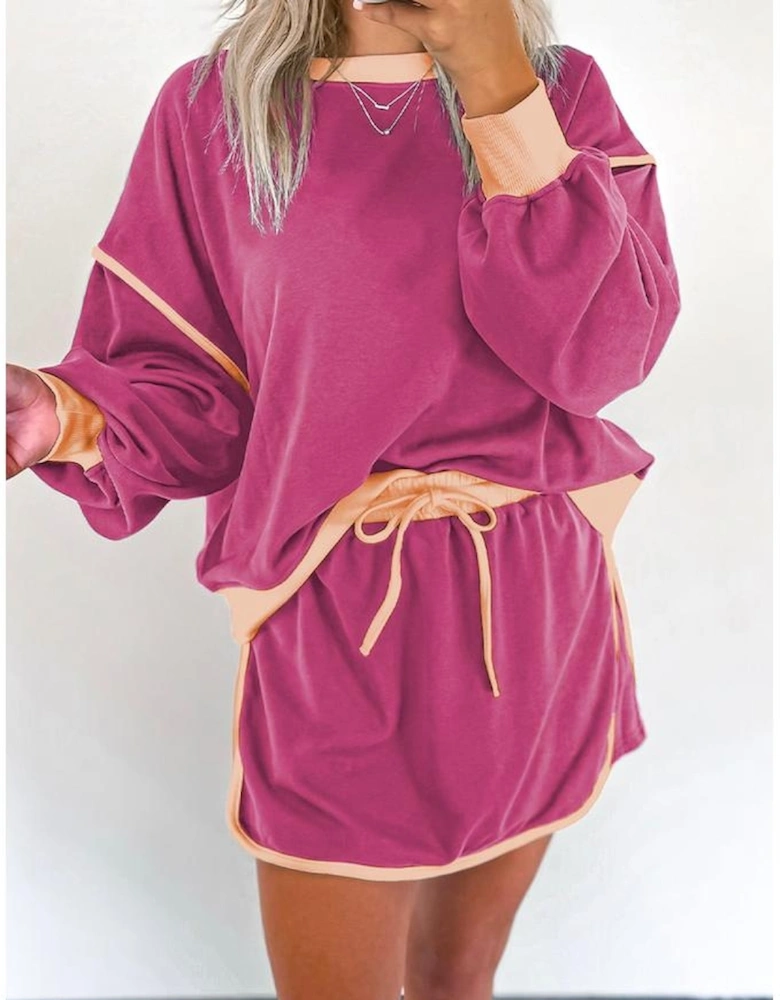 Rose Red Color Contrast Loose Pullover and Lace-up Waist Skort Set