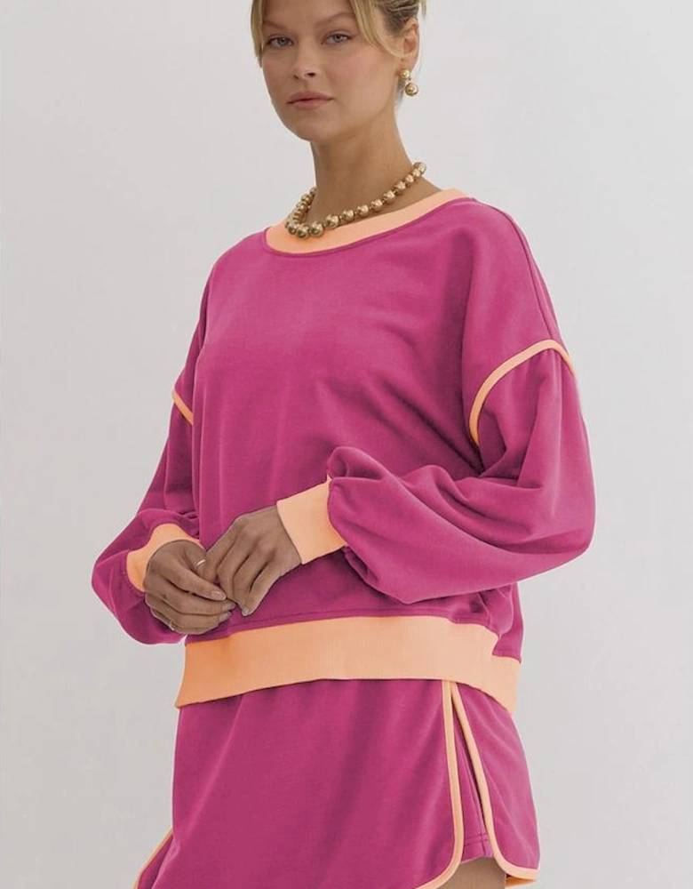 Rose Red Color Contrast Loose Pullover and Lace-up Waist Skort Set