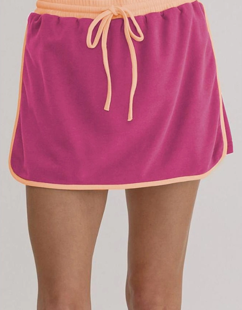 Rose Red Color Contrast Loose Pullover and Lace-up Waist Skort Set