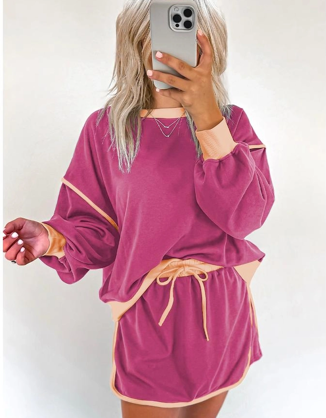 Rose Red Color Contrast Loose Pullover and Lace-up Waist Skort Set