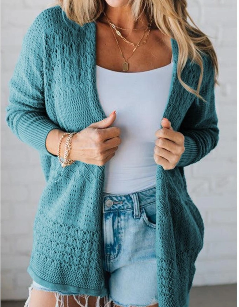 Lapis Mix Pattern Hollowed Knit Open Front Cardigan