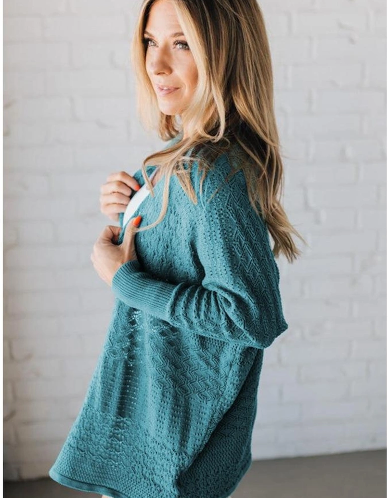 Lapis Mix Pattern Hollowed Knit Open Front Cardigan