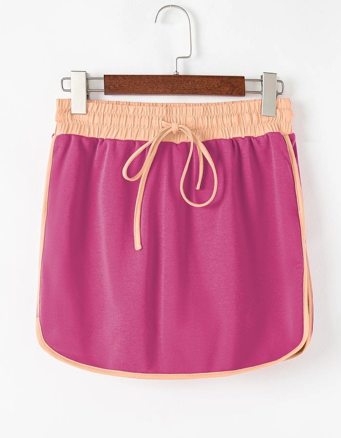 Rose Red Color Contrast Loose Pullover and Lace-up Waist Skort Set