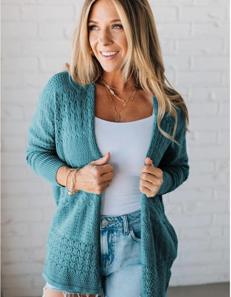 Lapis Mix Pattern Hollowed Knit Open Front Cardigan