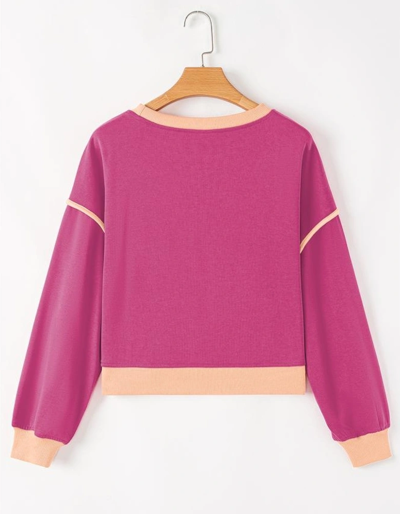 Rose Red Color Contrast Loose Pullover and Lace-up Waist Skort Set