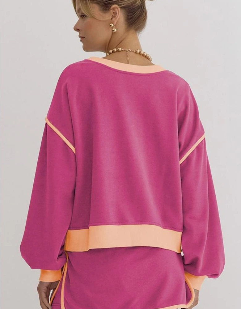 Rose Red Color Contrast Loose Pullover and Lace-up Waist Skort Set