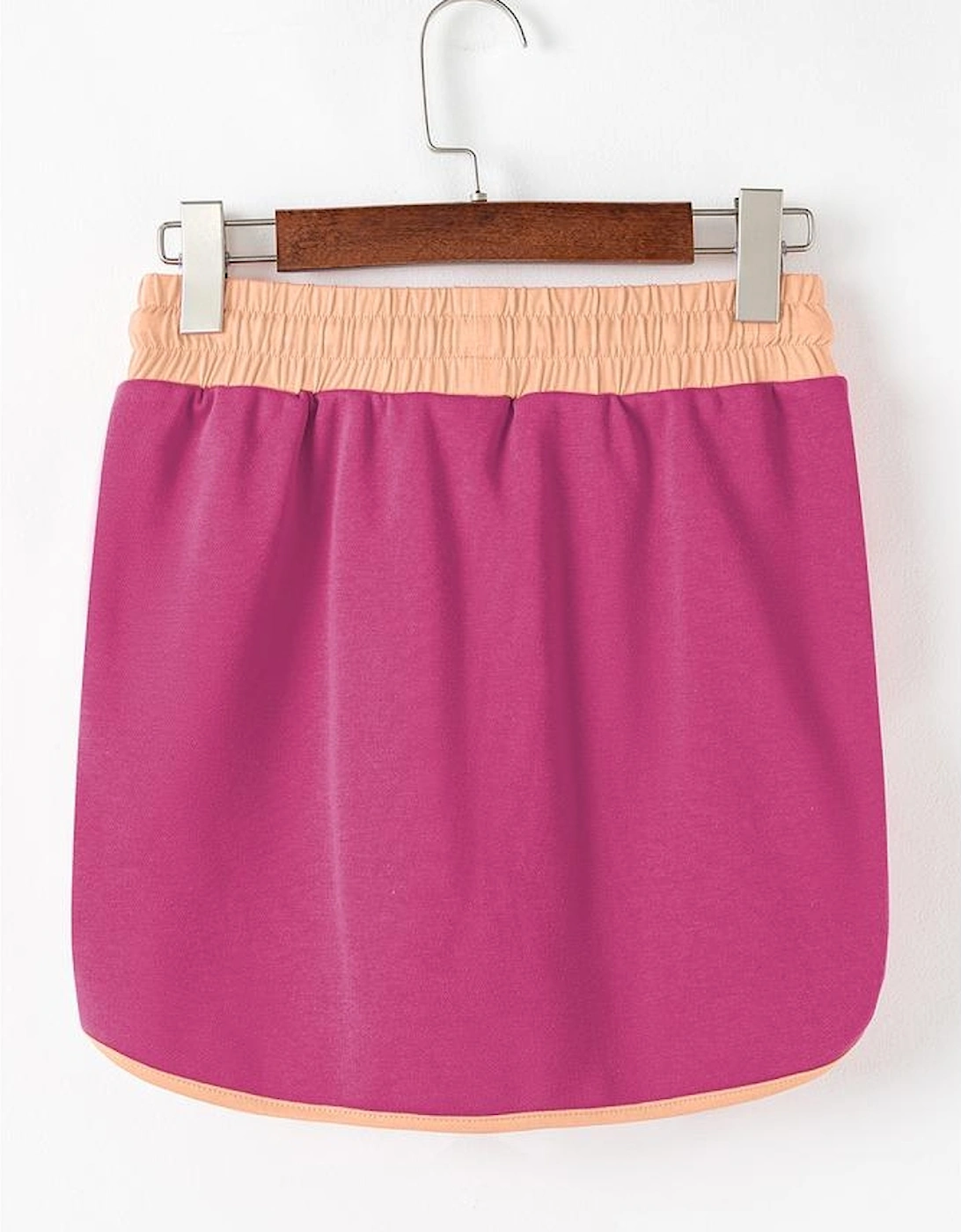 Rose Red Color Contrast Loose Pullover and Lace-up Waist Skort Set