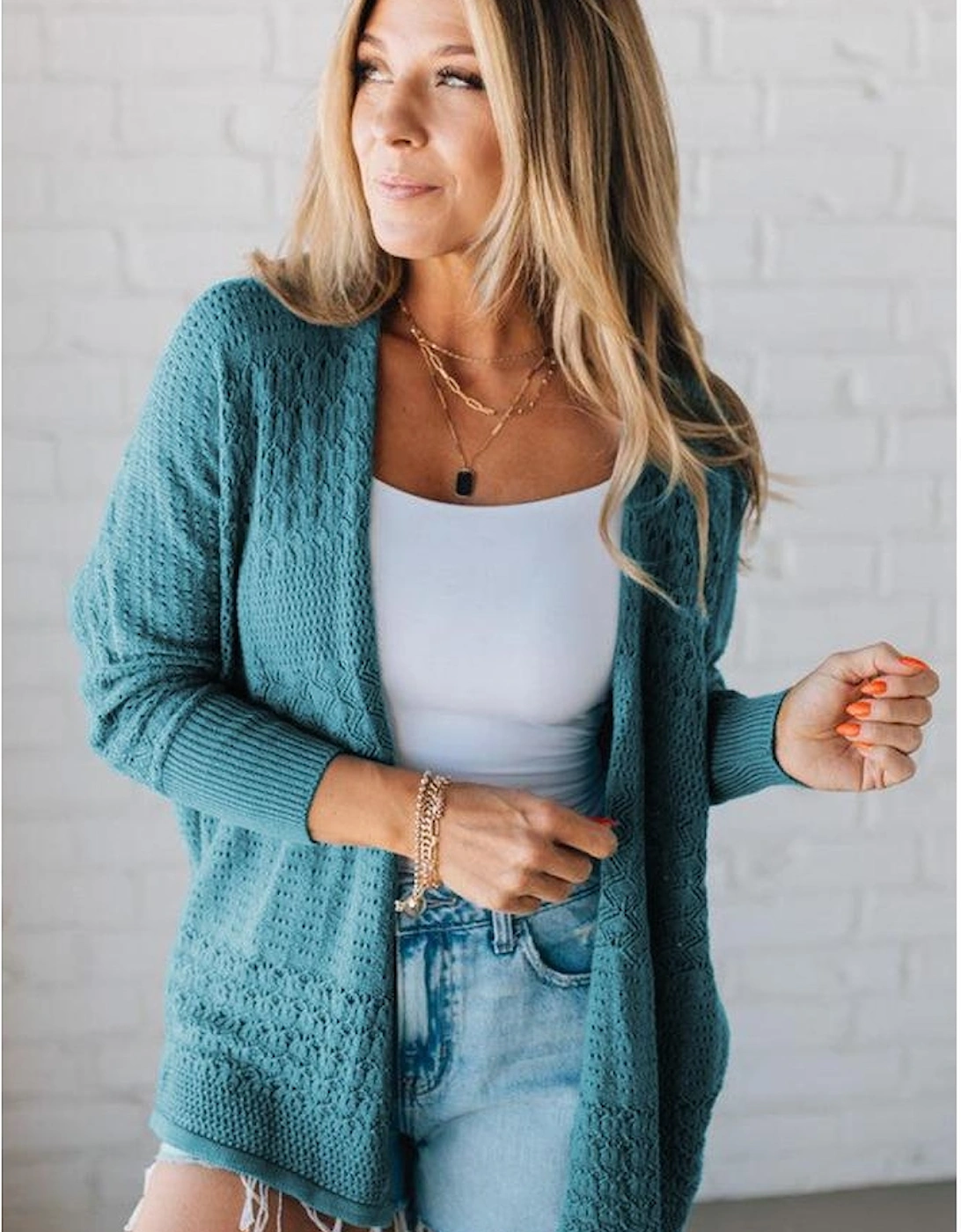 Lapis Mix Pattern Hollowed Knit Open Front Cardigan