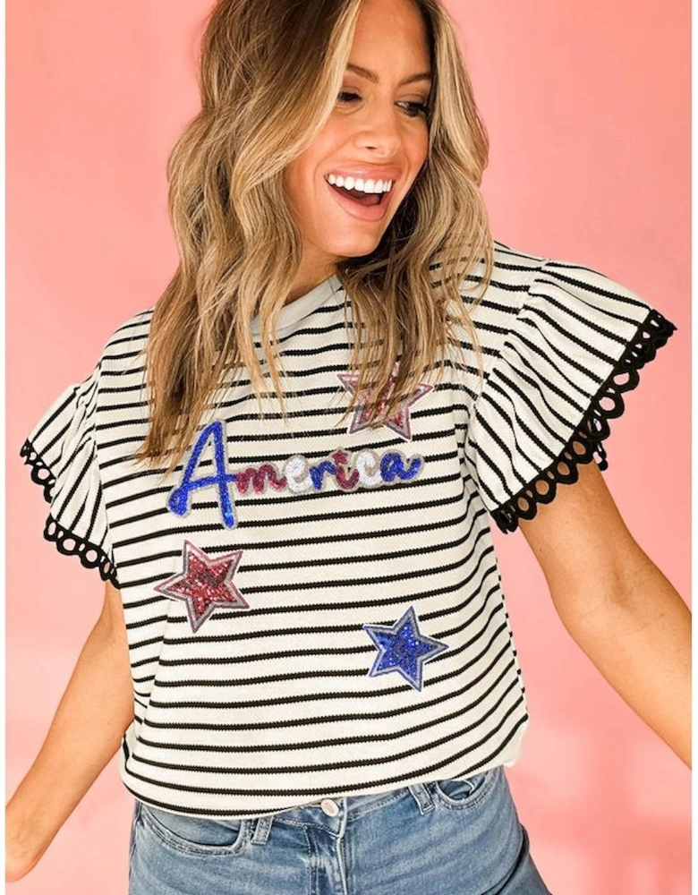 Black Stripe Sequin America Star Graphic Ric Rac Flutter Sleeve Blouse