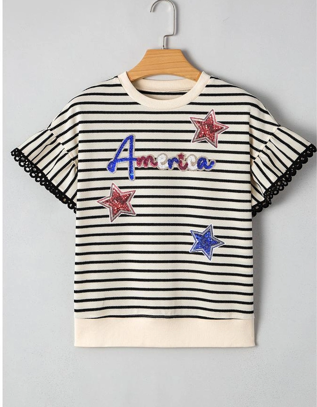 Black Stripe Sequin America Star Graphic Ric Rac Flutter Sleeve Blouse