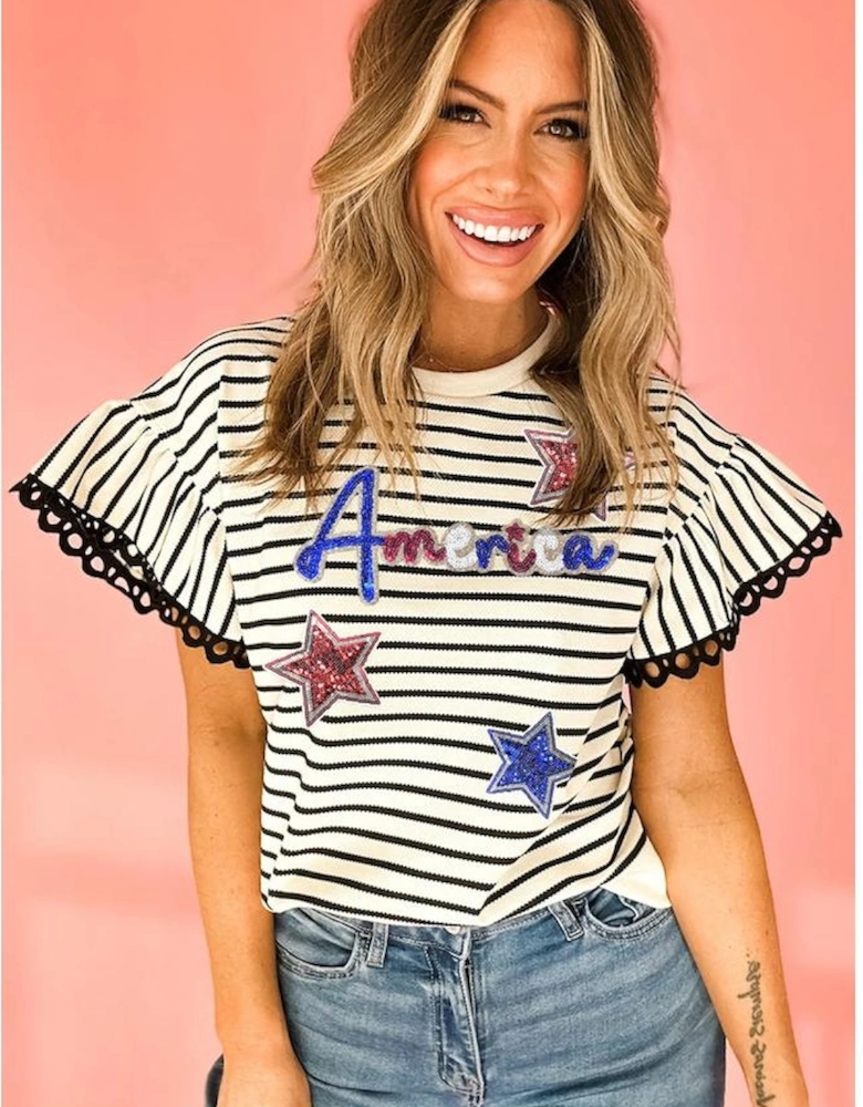 Black Stripe Sequin America Star Graphic Ric Rac Flutter Sleeve Blouse