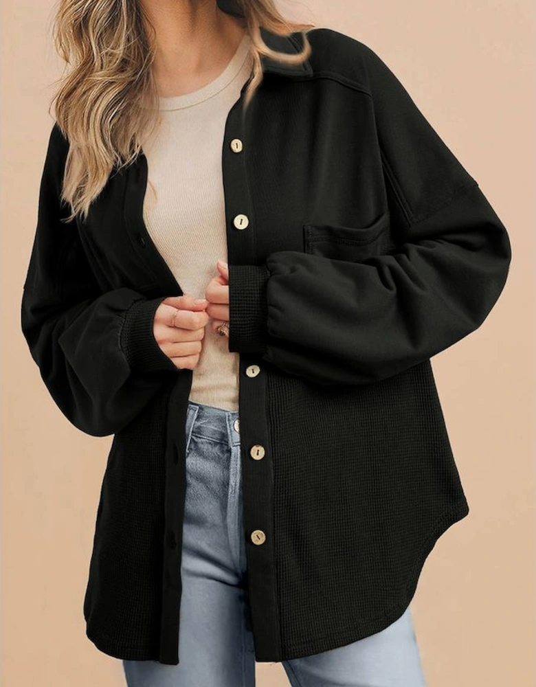 Black Waffle Knit Patchwork Buttoned Oversized Shacket
