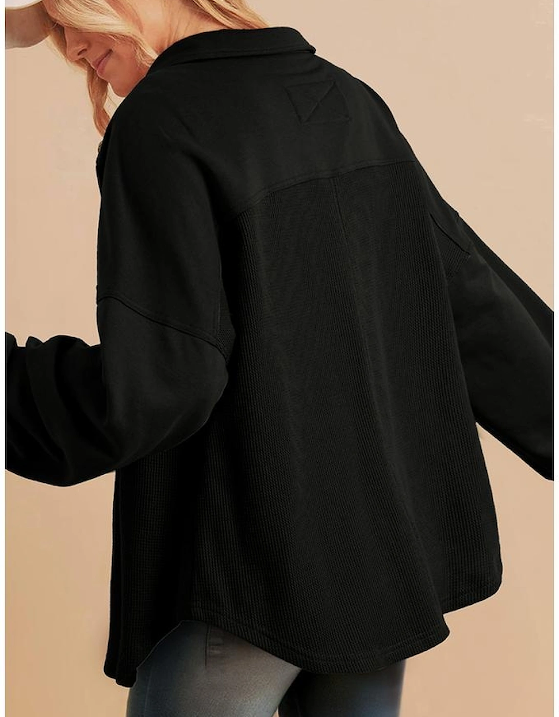 Black Waffle Knit Patchwork Buttoned Oversized Shacket, 9 of 8