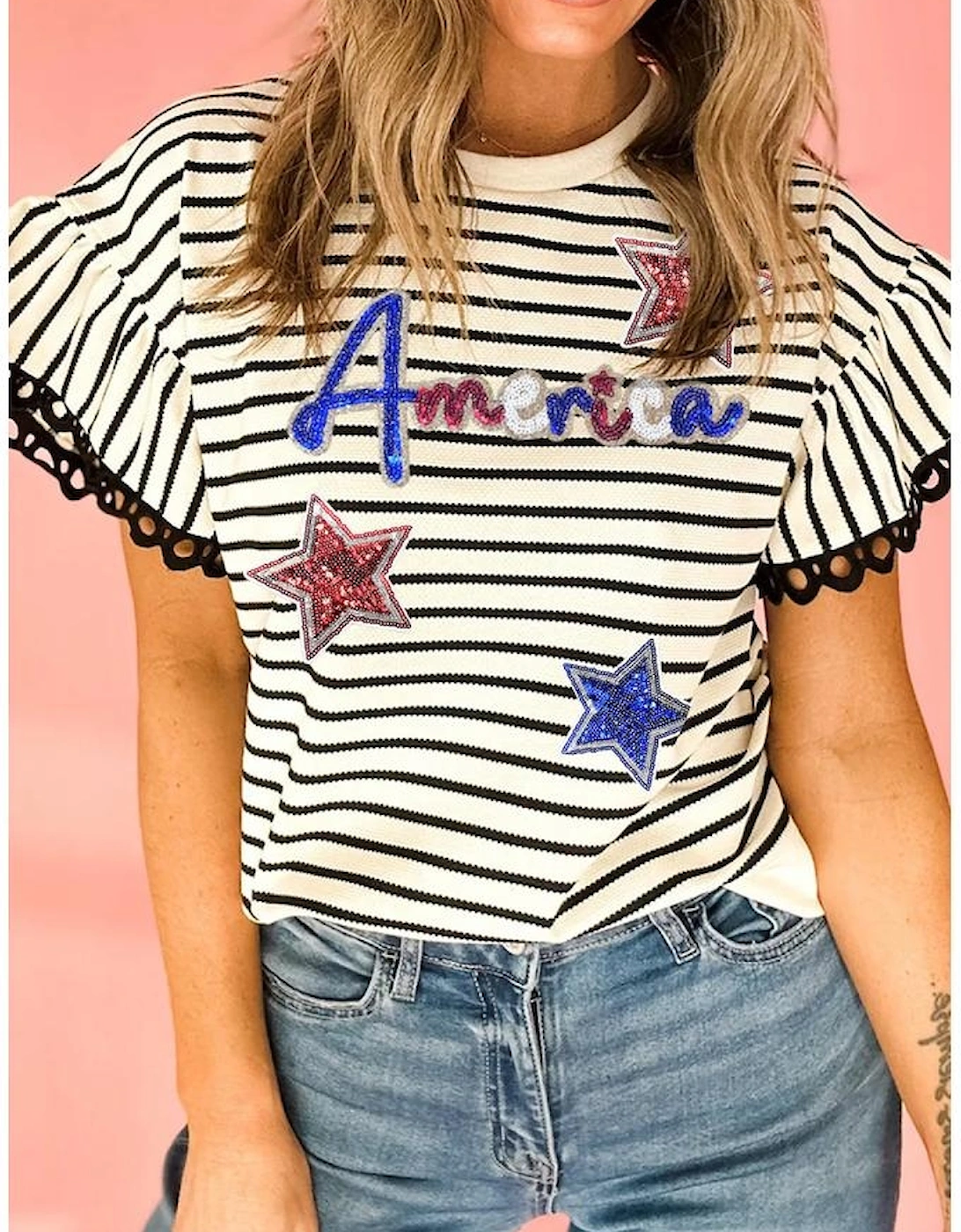 Black Stripe Sequin America Star Graphic Ric Rac Flutter Sleeve Blouse