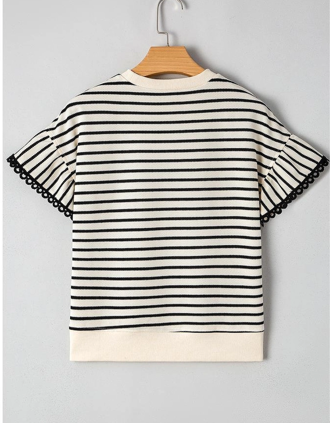 Black Stripe Scallop Lace Trim Ruffle Short Sleeves Crewneck Top