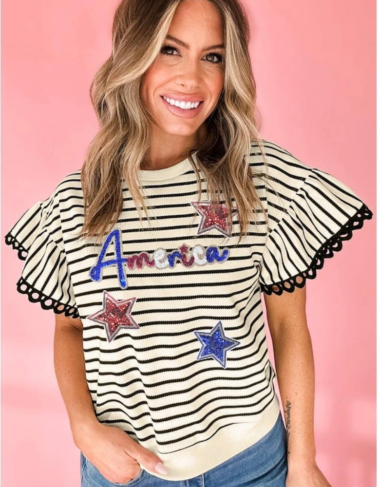 Black Stripe Sequin America Star Graphic Ric Rac Flutter Sleeve Blouse