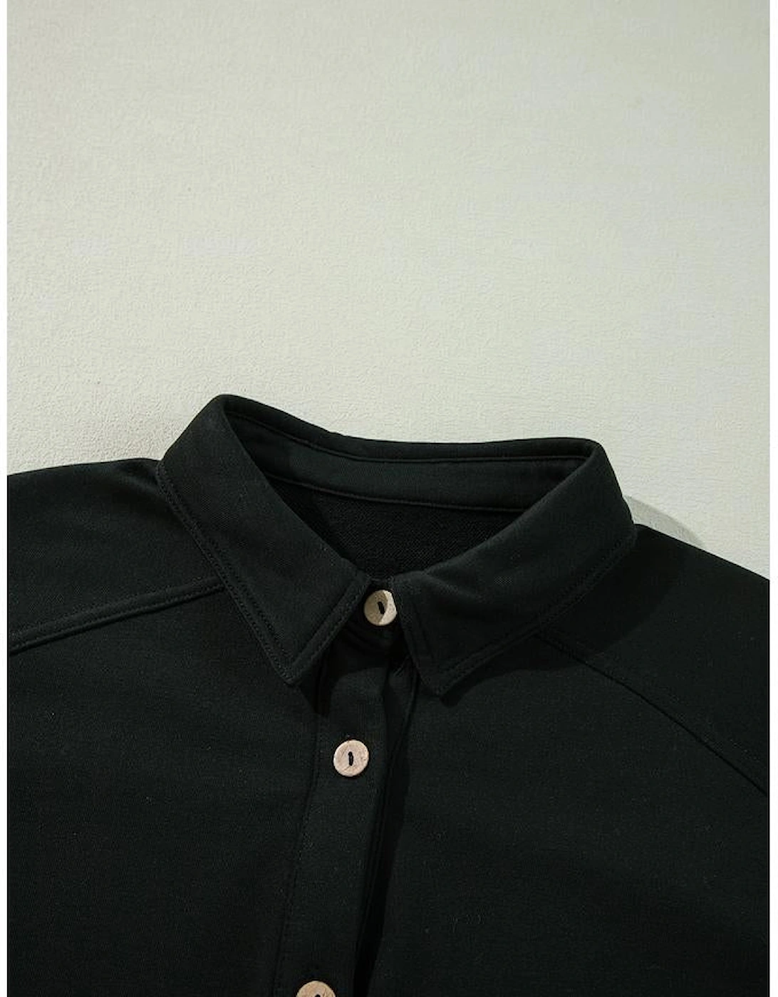 Black Waffle Knit Patchwork Buttoned Oversized Shacket