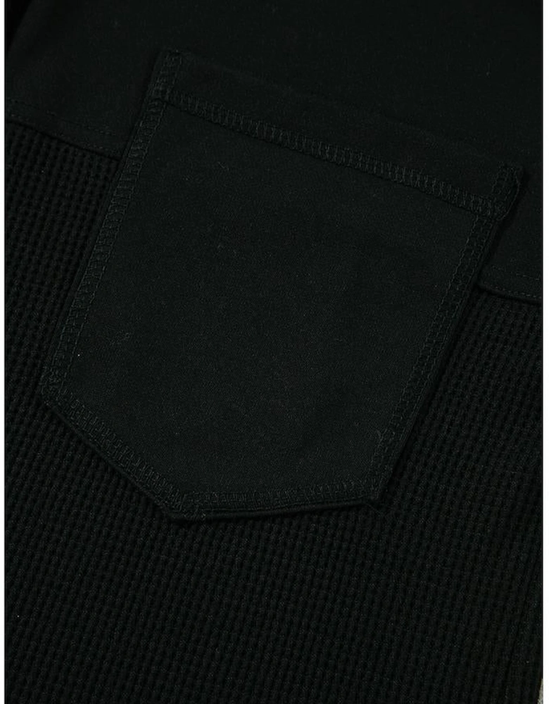 Black Waffle Knit Patchwork Buttoned Oversized Shacket