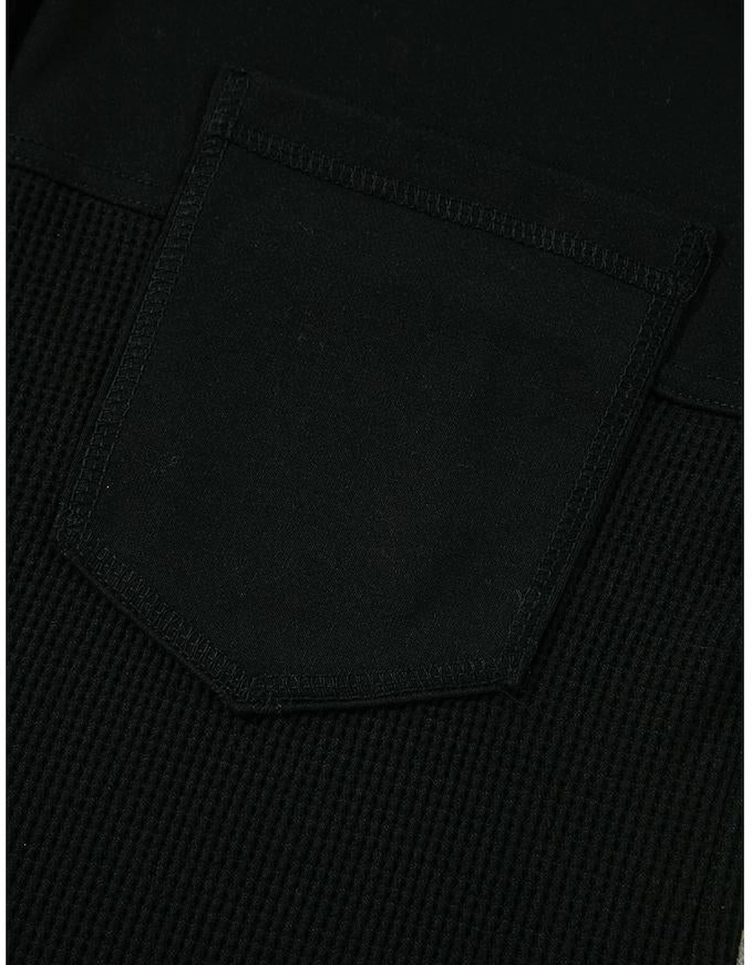 Black Waffle Knit Patchwork Buttoned Oversized Shacket