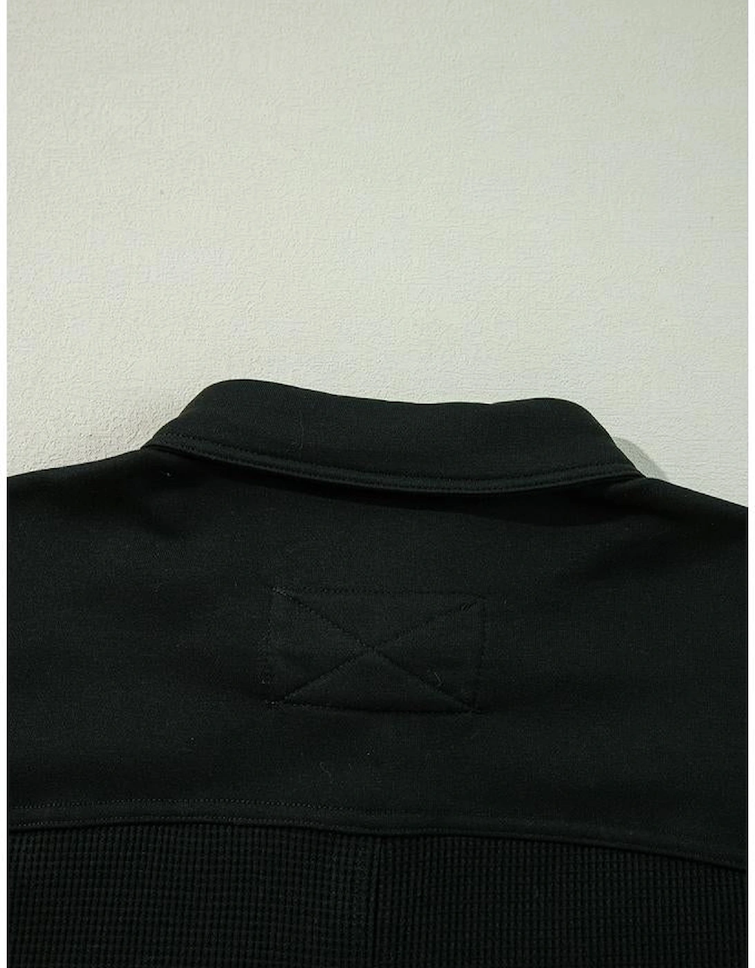 Black Waffle Knit Patchwork Buttoned Oversized Shacket