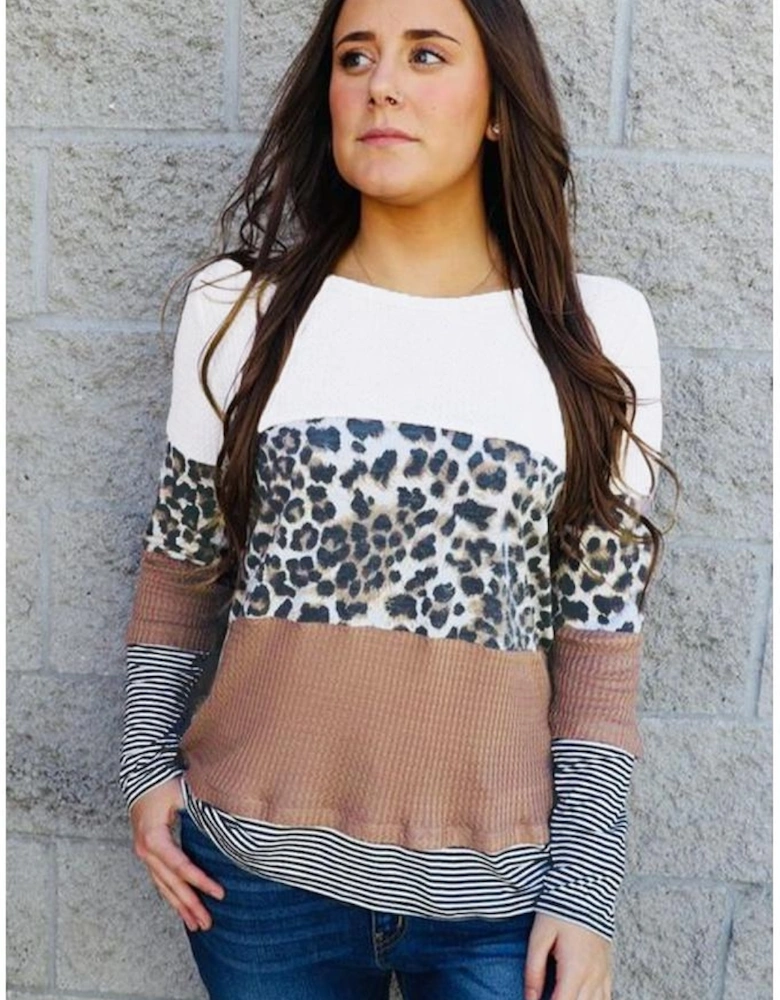 Brown Stripes Leopard Splicing Colorblock Long Sleeve Top