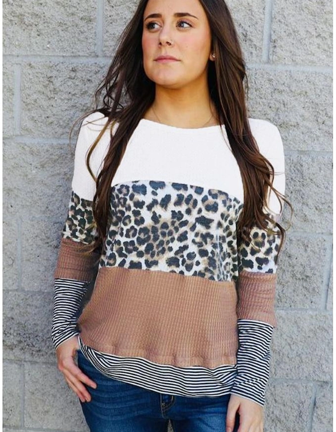 Brown Stripes Leopard Splicing Colorblock Long Sleeve Top