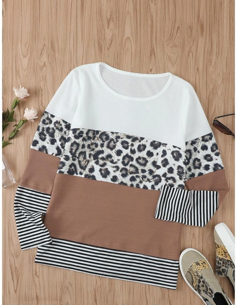 Brown Stripes Leopard Splicing Colorblock Long Sleeve Top