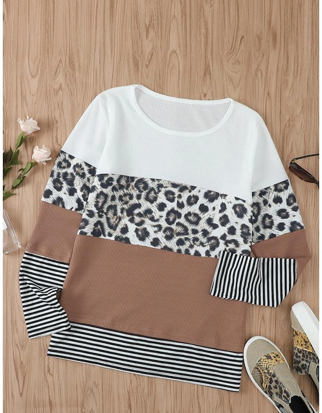 Brown Stripes Leopard Splicing Colorblock Long Sleeve Top