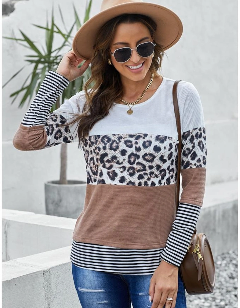 Brown Stripes Leopard Splicing Colorblock Long Sleeve Top