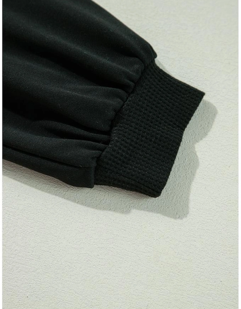 Black Waffle Knit Patchwork Buttoned Oversized Shacket