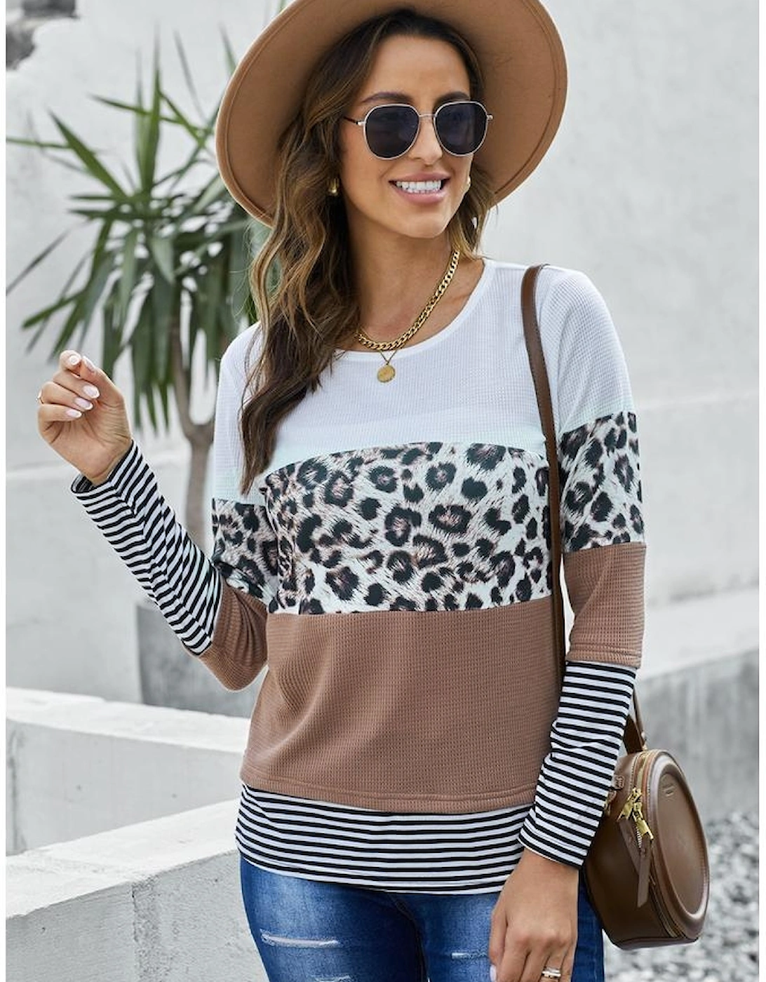 Brown Stripes Leopard Splicing Colorblock Long Sleeve Top, 16 of 15
