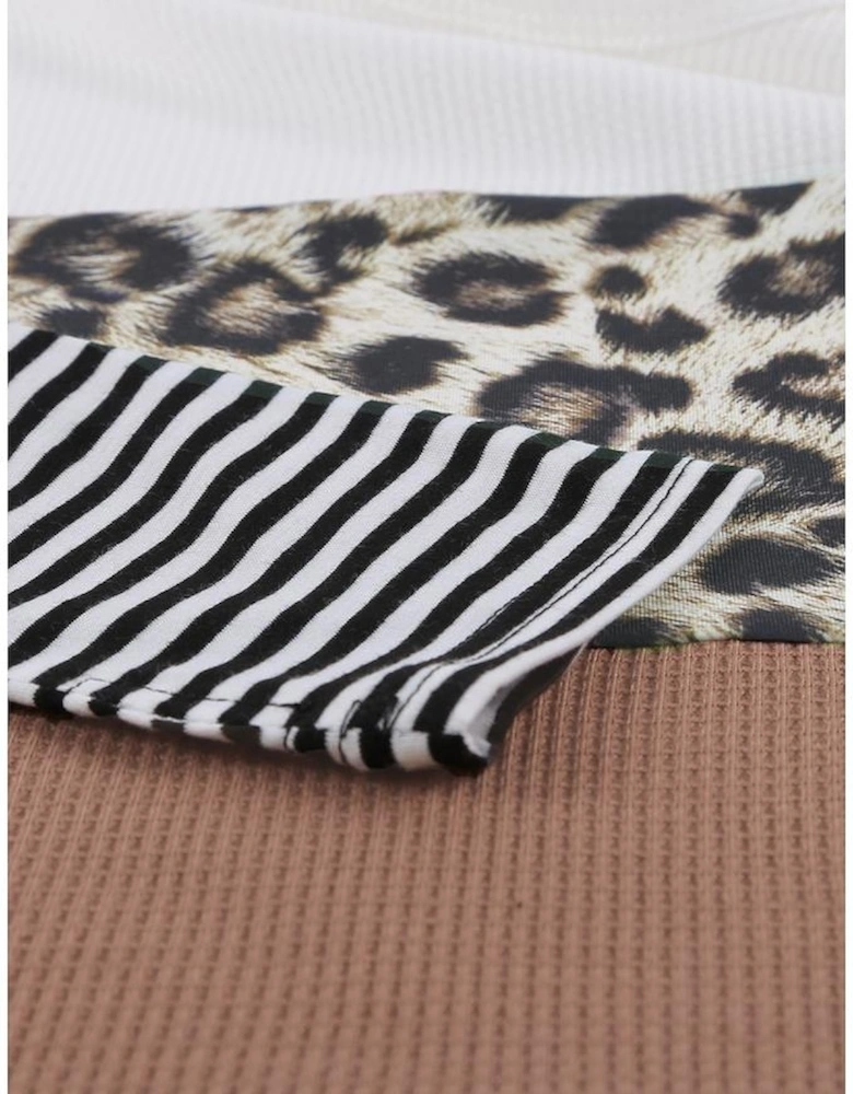Brown Stripes Leopard Splicing Colorblock Long Sleeve Top