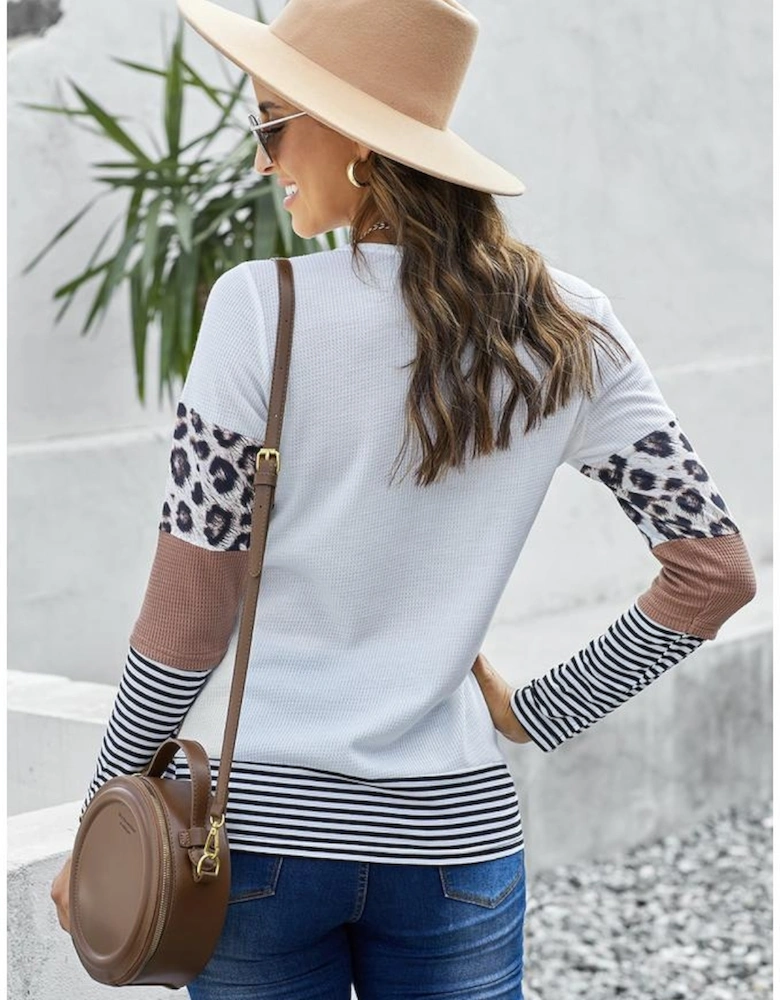 Brown Stripes Leopard Splicing Colorblock Long Sleeve Top
