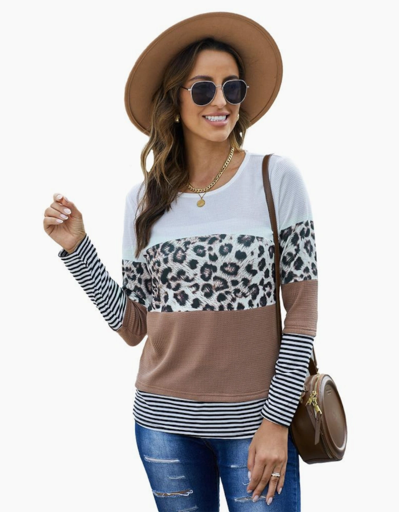 Brown Stripes Leopard Splicing Colorblock Long Sleeve Top