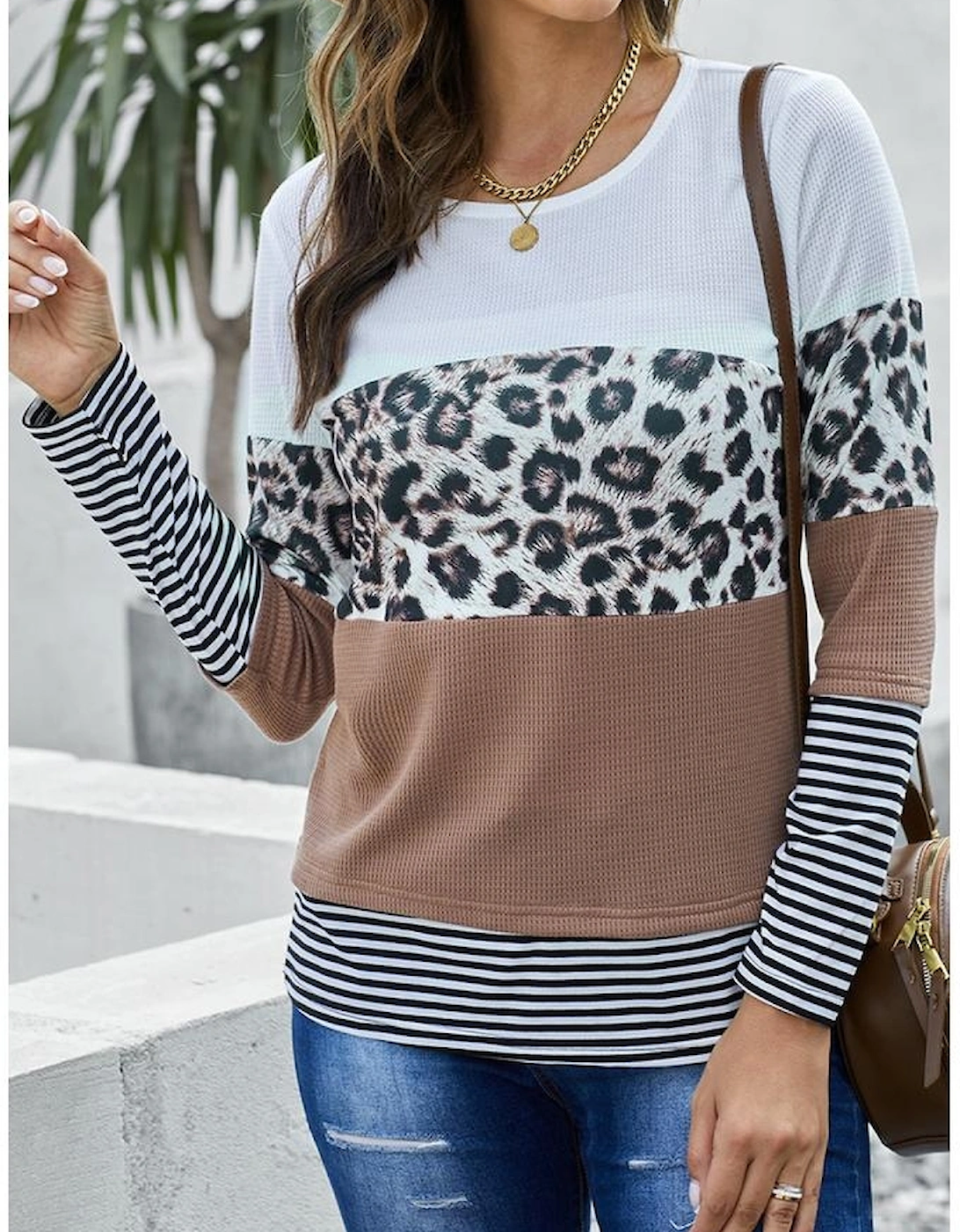 Brown Stripes Leopard Splicing Colorblock Long Sleeve Top