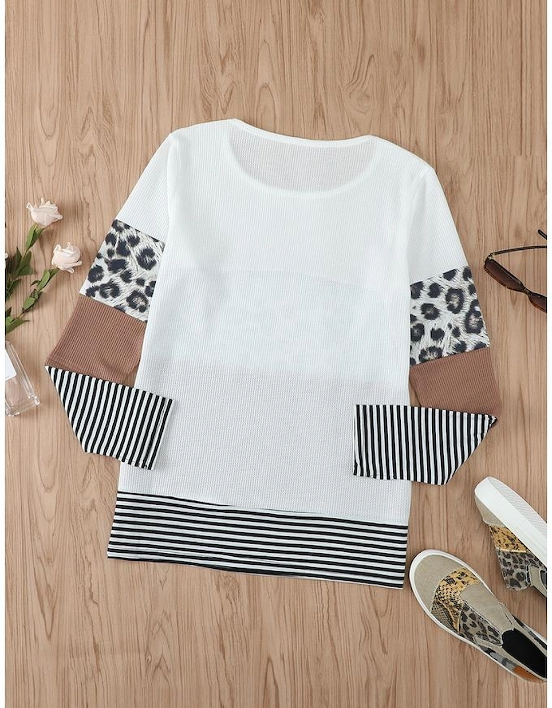 Brown Stripes Leopard Splicing Colorblock Long Sleeve Top