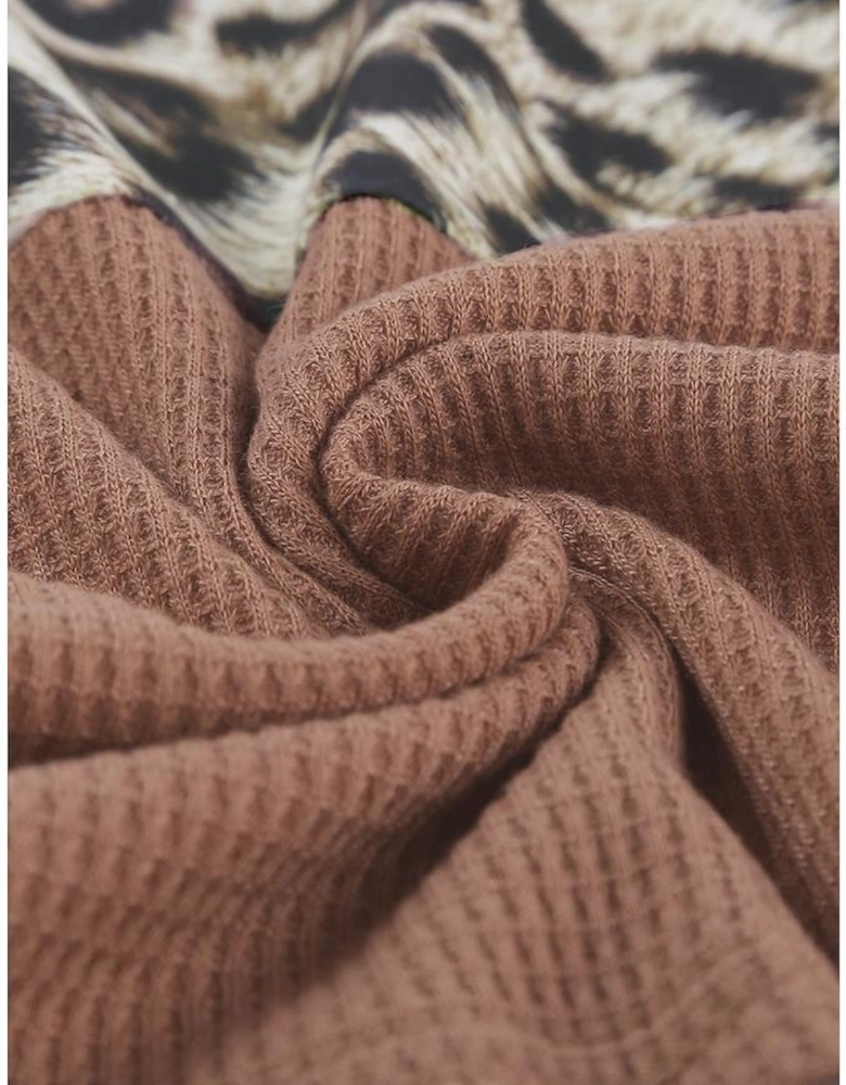 Brown Stripes Leopard Splicing Colorblock Long Sleeve Top