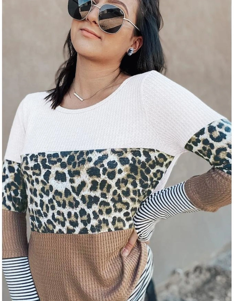 Brown Stripes Leopard Splicing Colorblock Long Sleeve Top
