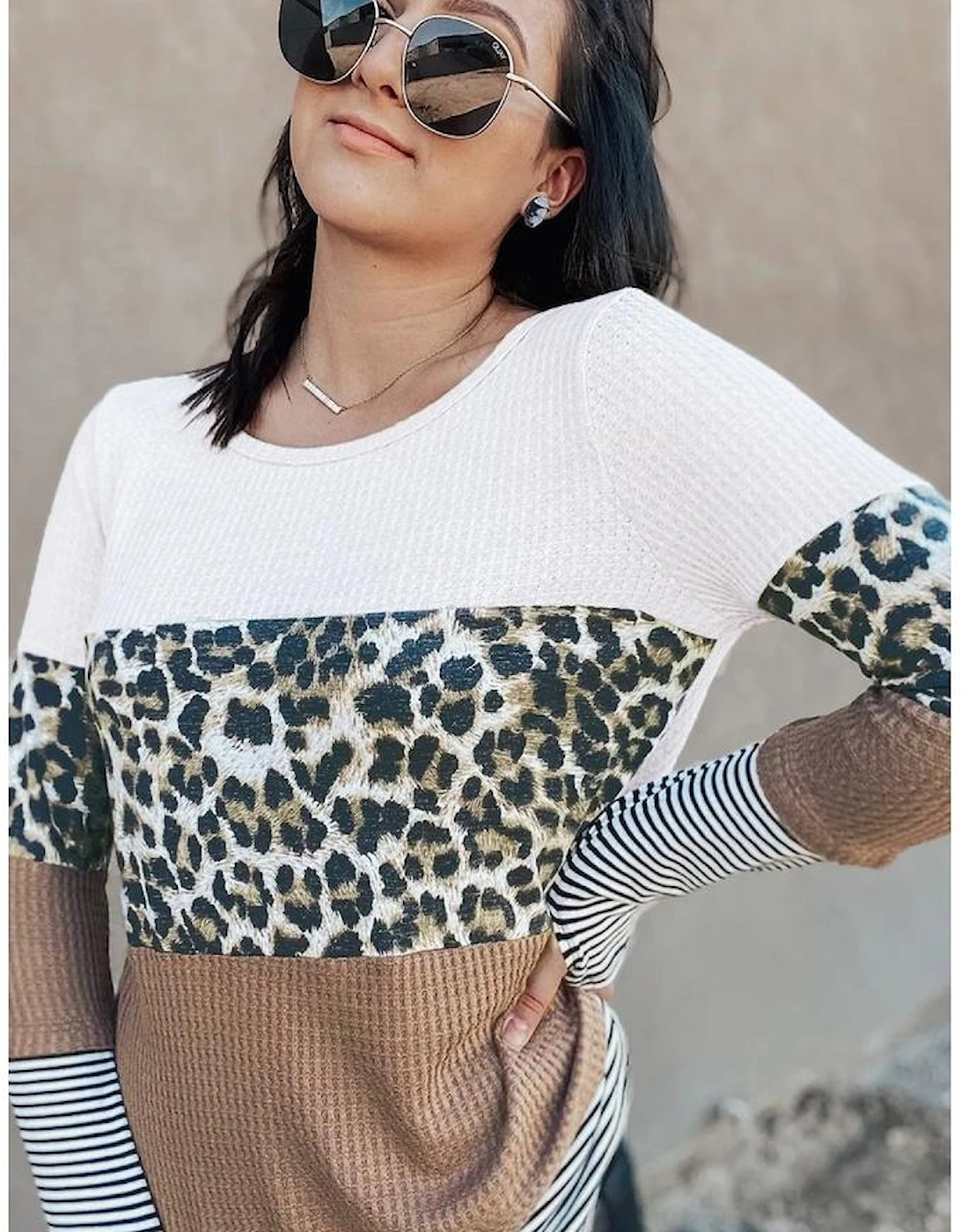 Brown Stripes Leopard Splicing Colorblock Long Sleeve Top