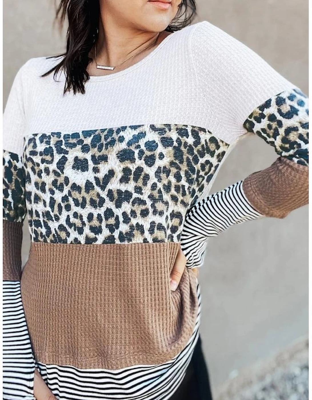 Brown Stripes Leopard Splicing Colorblock Long Sleeve Top