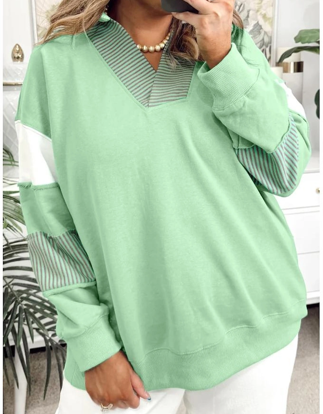 Moonlight Jade Color Block Striped Patchwork Collar V Neck Plus Size Sweatshirt